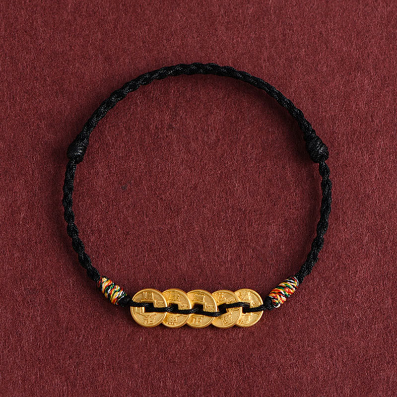 Handcrafted Braided Red String Bracelet Anklet with Five Copper Chinese Coins