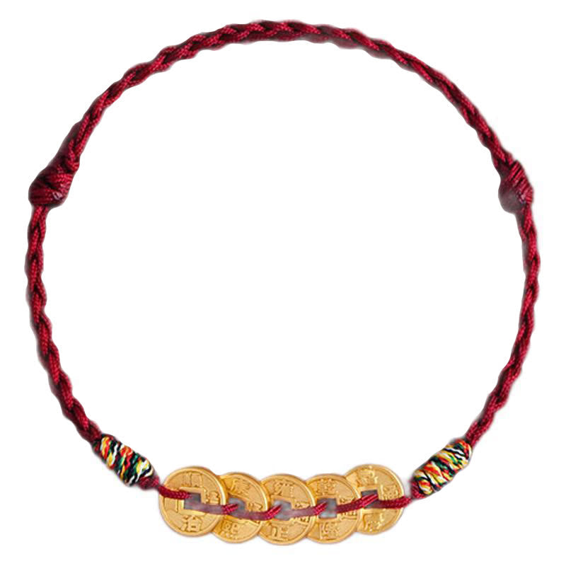 Handcrafted Braided Red String Bracelet Anklet with Five Copper Chinese Coins