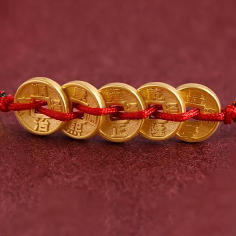 Handcrafted Braided Red String Bracelet Anklet with Five Copper Chinese Coins