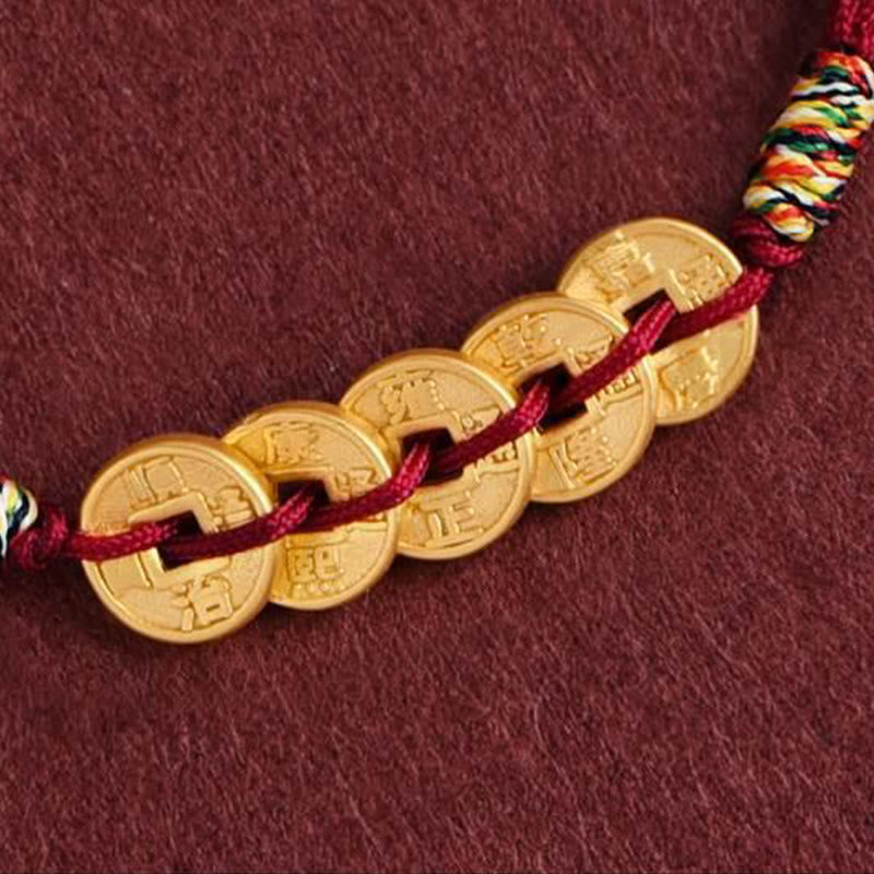Handcrafted Braided Red String Bracelet Anklet with Five Copper Chinese Coins