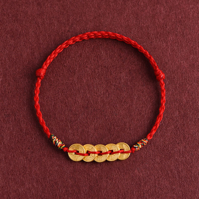 Handcrafted Braided Red String Bracelet Anklet with Five Copper Chinese Coins