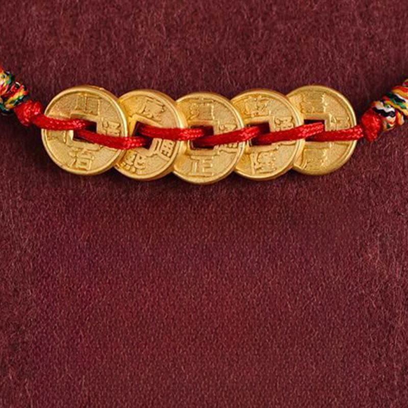 Handcrafted Braided Red String Bracelet Anklet with Five Copper Chinese Coins
