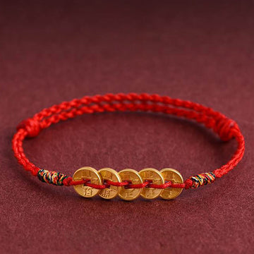 Handcrafted Braided Red String Bracelet Anklet with Five Copper Chinese Coins