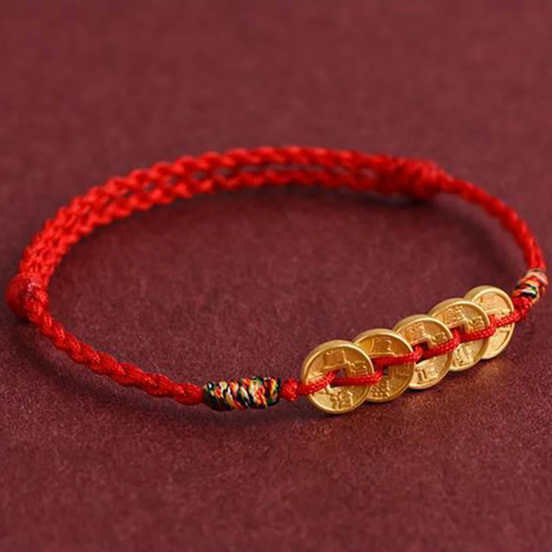 Handcrafted Braided Red String Bracelet Anklet with Five Copper Chinese Coins