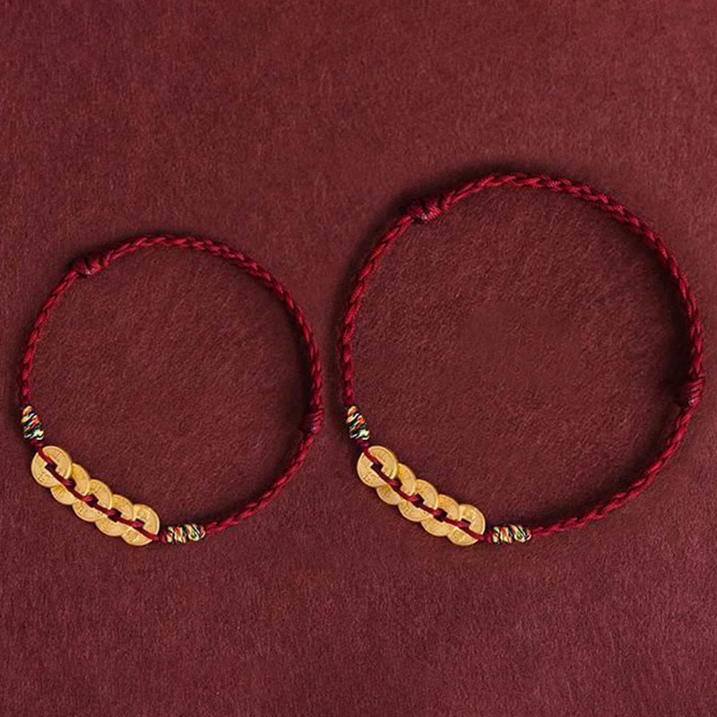 Handcrafted Braided Red String Bracelet Anklet with Five Copper Chinese Coins