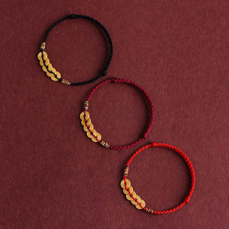 Handcrafted Braided Red String Bracelet Anklet with Five Copper Chinese Coins