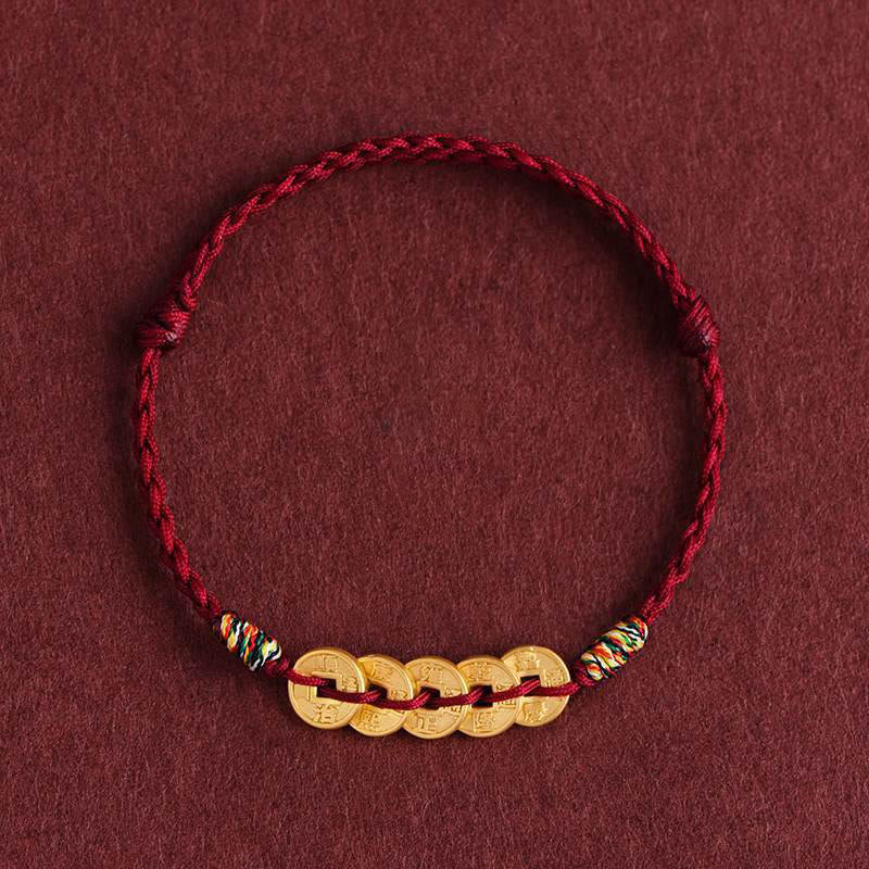 Handcrafted Braided Red String Bracelet Anklet with Five Copper Chinese Coins