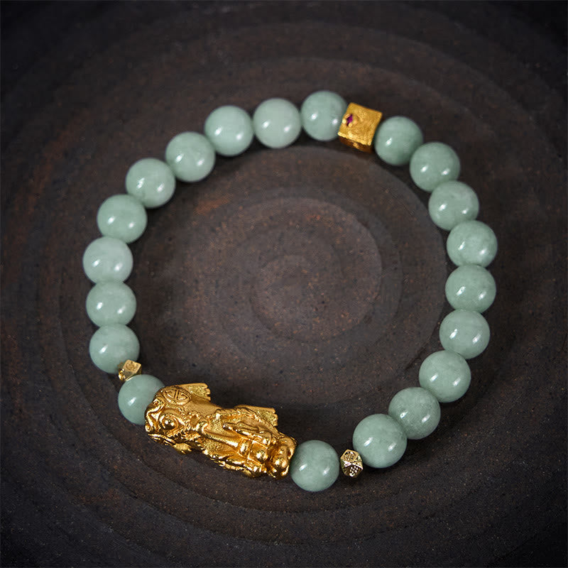 Hand-Polished Golden Pixiu Charm Beaded Jade Bracelet