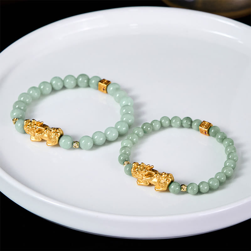 Hand-Polished Golden Pixiu Charm Beaded Jade Bracelet