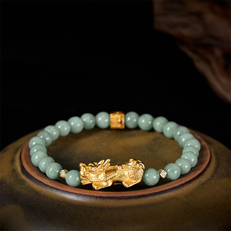 Hand-Polished Golden Pixiu Charm Beaded Jade Bracelet