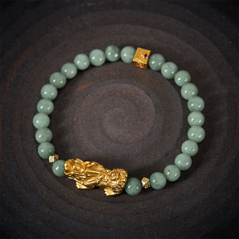 Hand-Polished Golden Pixiu Charm Beaded Jade Bracelet