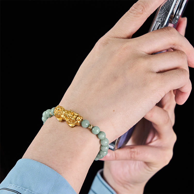 Hand-Polished Golden Pixiu Charm Beaded Jade Bracelet