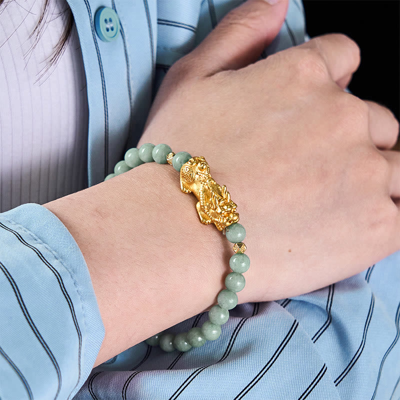 Hand-Polished Golden Pixiu Charm Beaded Jade Bracelet
