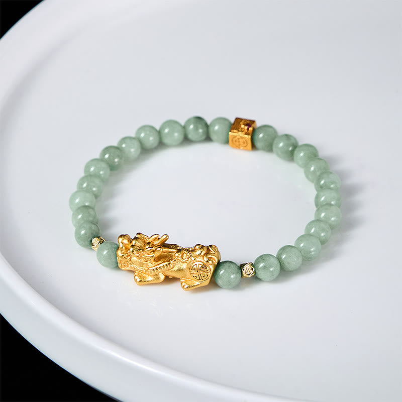 Hand-Polished Golden Pixiu Charm Beaded Jade Bracelet
