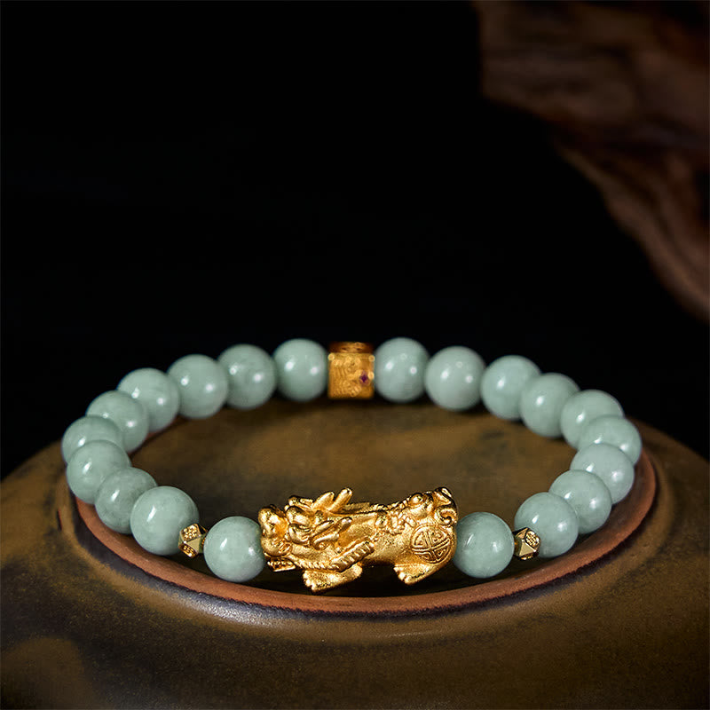 Hand-Polished Golden Pixiu Charm Beaded Jade Bracelet