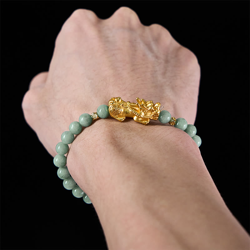 Hand-Polished Golden Pixiu Charm Beaded Jade Bracelet