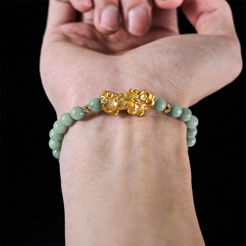 Hand-Polished Golden Pixiu Charm Beaded Jade Bracelet