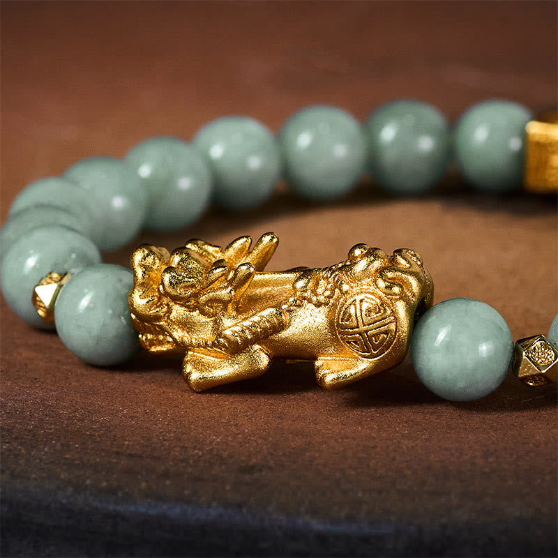 Hand-Polished Golden Pixiu Charm Beaded Jade Bracelet