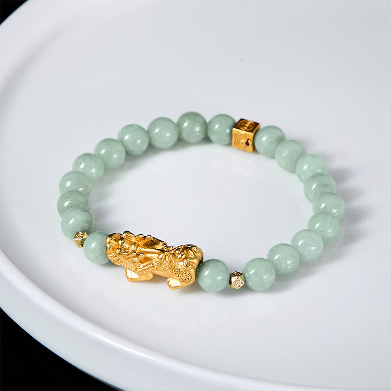 Hand-Polished Golden Pixiu Charm Beaded Jade Bracelet