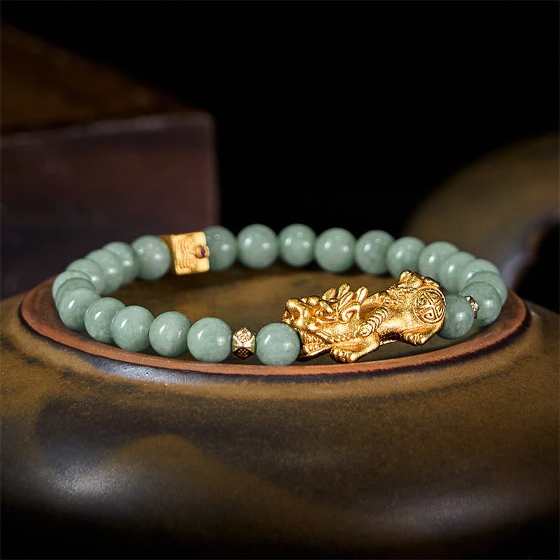 Hand-Polished Golden Pixiu Charm Beaded Jade Bracelet