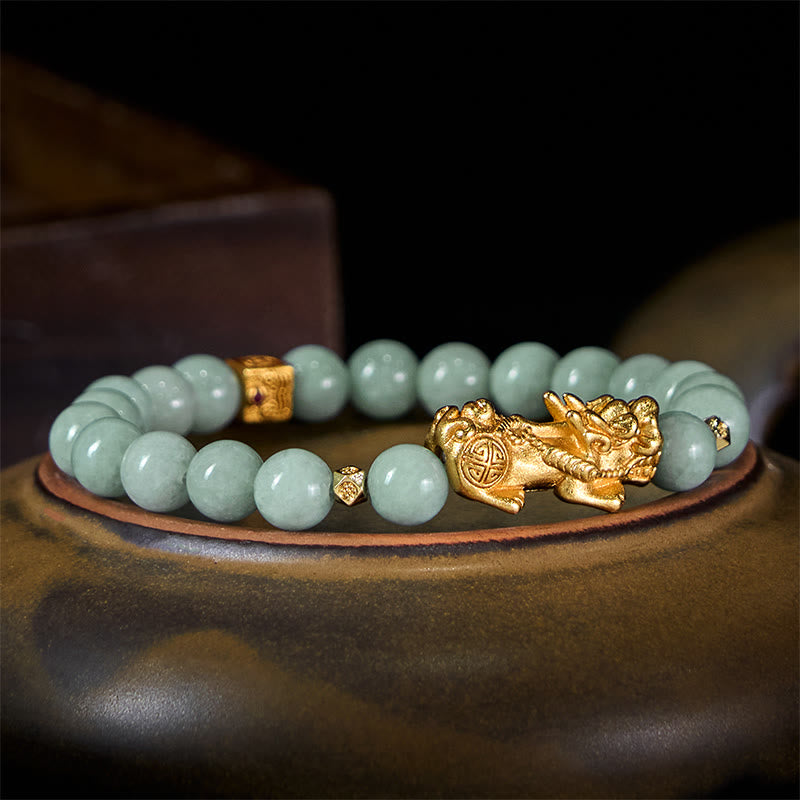 Hand-Polished Golden Pixiu Charm Beaded Jade Bracelet