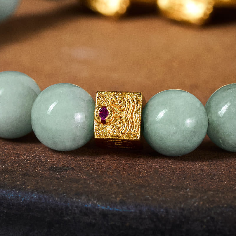 Hand-Polished Golden Pixiu Charm Beaded Jade Bracelet