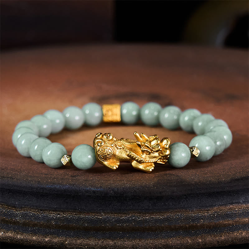 Hand-Polished Golden Pixiu Charm Beaded Jade Bracelet