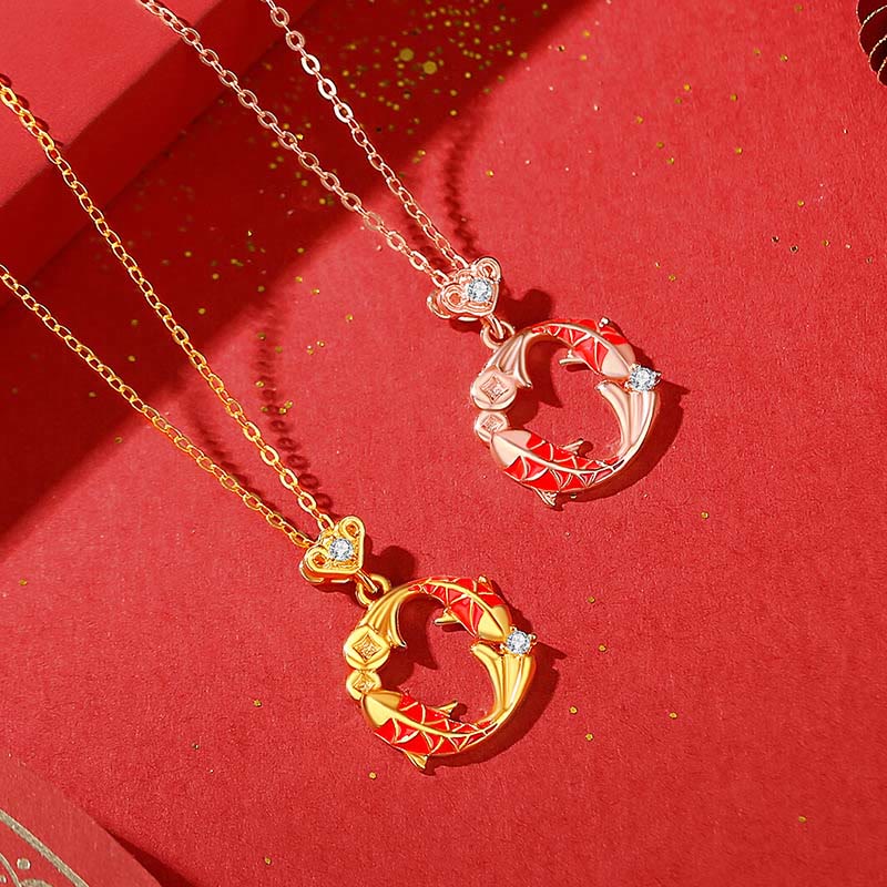 925 Sterling Silver Plated 18k Gold Double Koi Fish Blessing Necklace Pendant