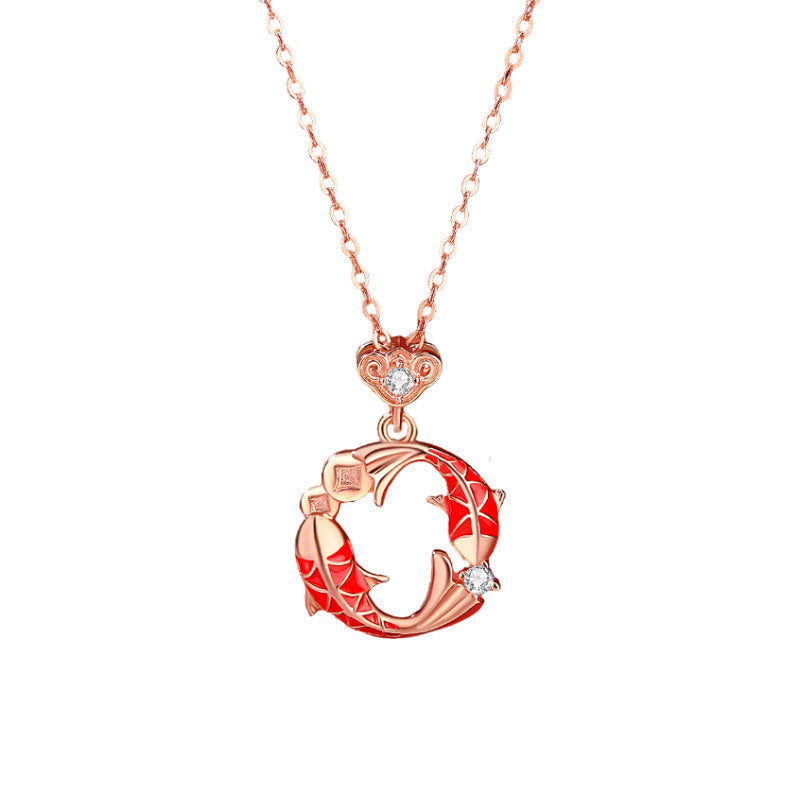 925 Sterling Silver Plated 18k Gold Double Koi Fish Blessing Necklace Pendant