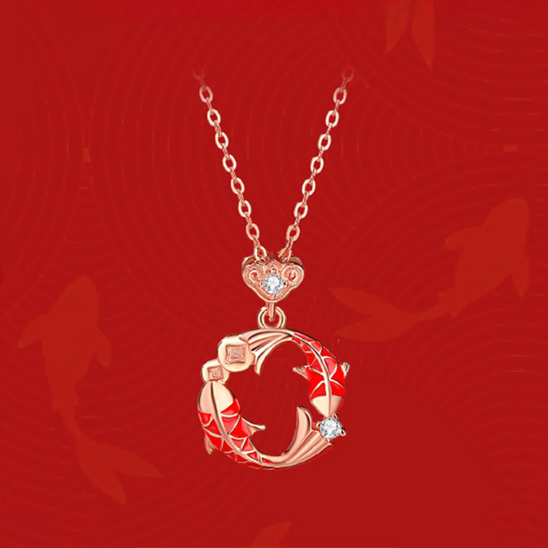 925 Sterling Silver Plated 18k Gold Double Koi Fish Blessing Necklace Pendant