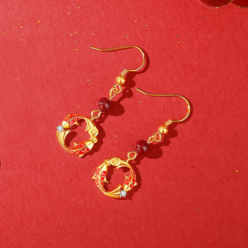 925 Sterling Silver Plated 18k Gold Koi Fish Symbol Design Protection Earrings