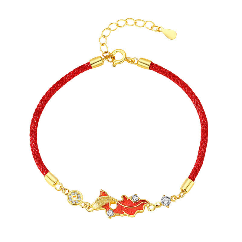 925 Sterling Silver Koi Fish Red String Bracelet