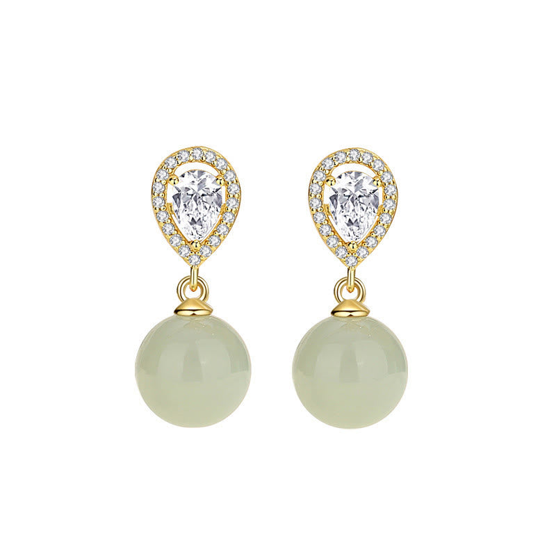 925 Sterling Silver Waterdrop Design Hetian Jade Bead Prosperity Earrings