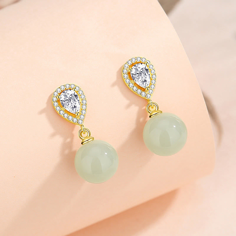 925 Sterling Silver Waterdrop Design Hetian Jade Bead Prosperity Earrings