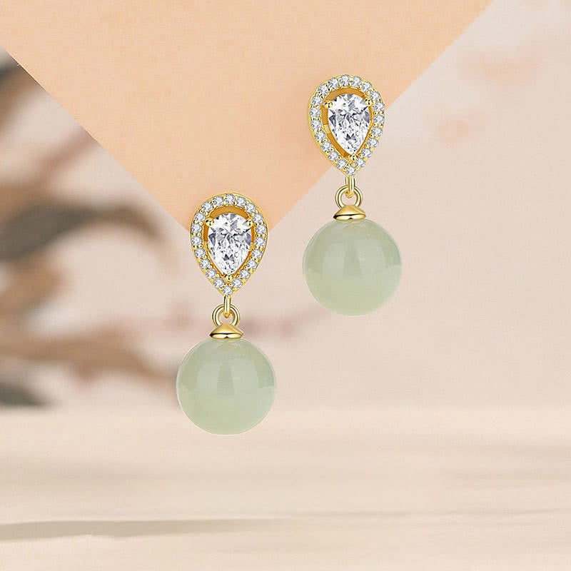 925 Sterling Silver Waterdrop Design Hetian Jade Bead Prosperity Earrings