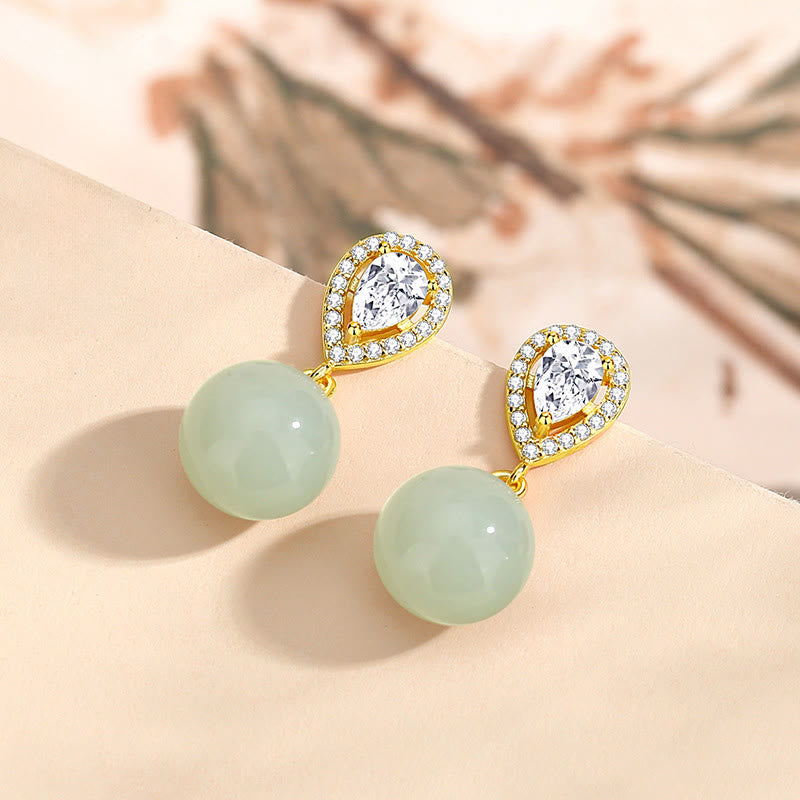 925 Sterling Silver Waterdrop Design Hetian Jade Bead Prosperity Earrings