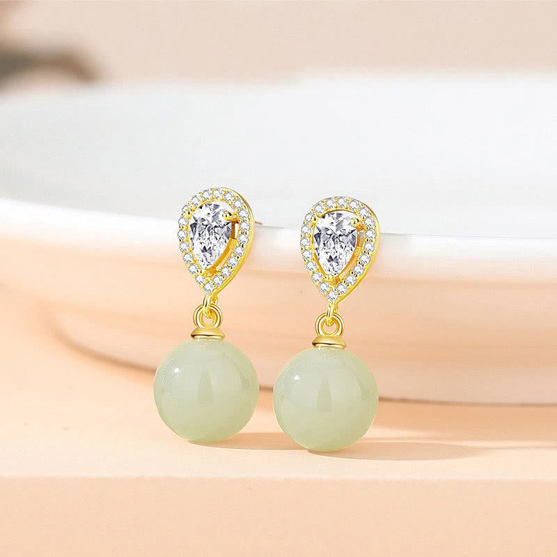925 Sterling Silver Waterdrop Design Hetian Jade Bead Prosperity Earrings