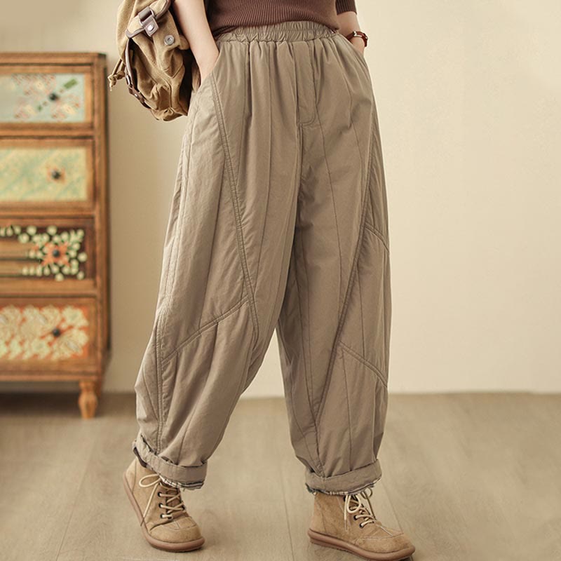Winter Plain High Waist Cotton Women's Harem Thermal Elastic Waist Pants With Pockets