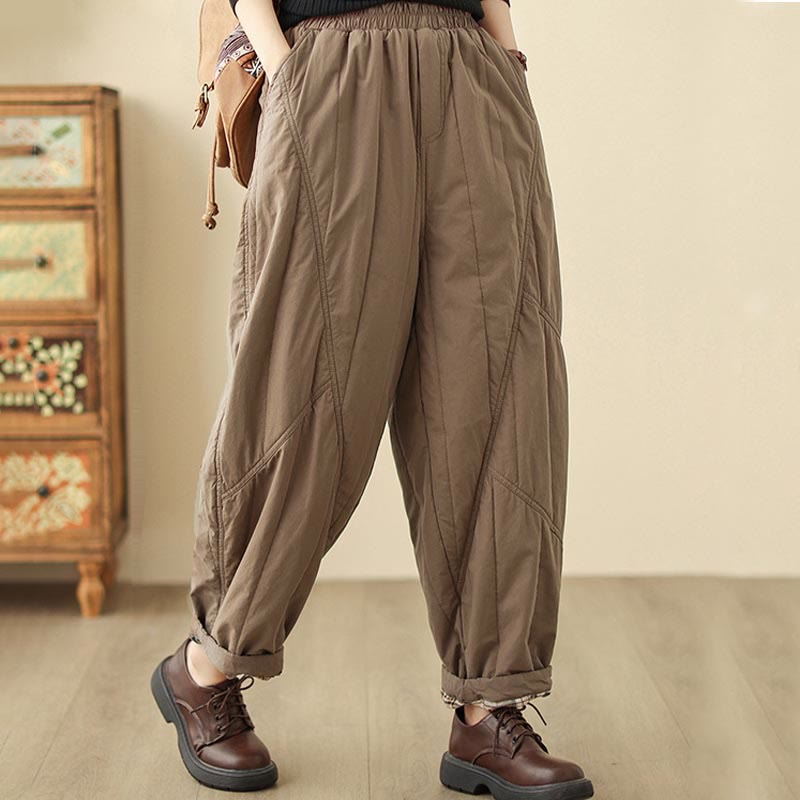 Winter Plain High Waist Cotton Women's Harem Thermal Elastic Waist Pants With Pockets