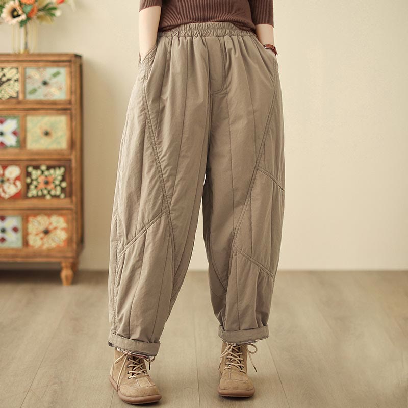 Winter Plain High Waist Cotton Women's Harem Thermal Elastic Waist Pants With Pockets