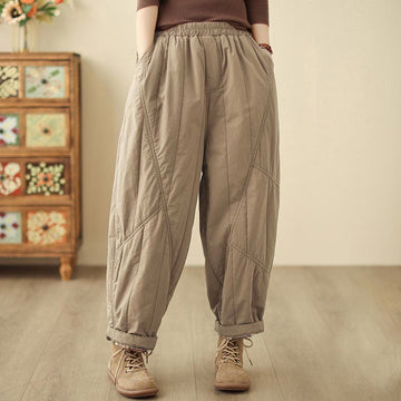 Winter Plain High Waist Cotton Women's Harem Thermal Elastic Waist Pants With Pockets