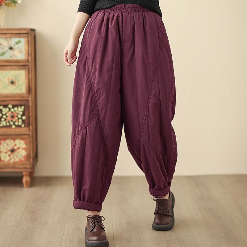 Winter Plain High Waist Cotton Women's Harem Thermal Elastic Waist Pants With Pockets