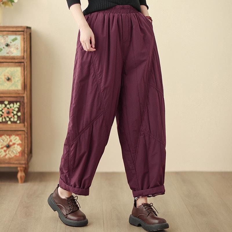 Winter Plain High Waist Cotton Women's Harem Thermal Elastic Waist Pants With Pockets