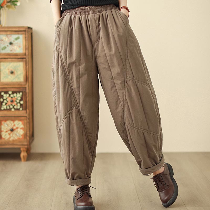 Winter Plain High Waist Cotton Women's Harem Thermal Elastic Waist Pants With Pockets