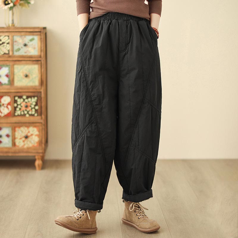 Winter Plain High Waist Cotton Women's Harem Thermal Elastic Waist Pants With Pockets