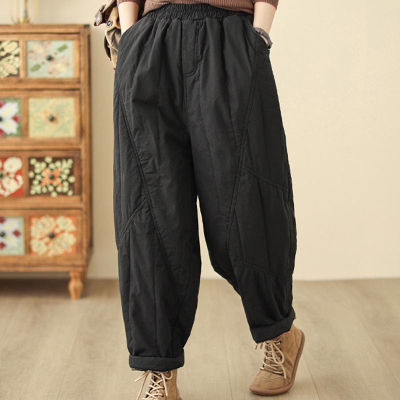 Winter Plain High Waist Cotton Women's Harem Thermal Elastic Waist Pants With Pockets