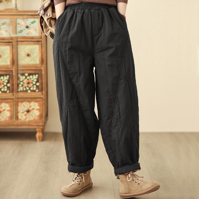 Winter Plain High Waist Cotton Women's Harem Thermal Elastic Waist Pants With Pockets