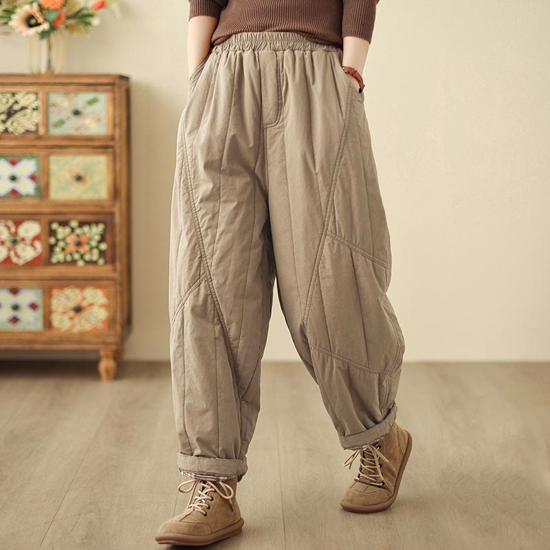 Winter Plain High Waist Cotton Women's Harem Thermal Elastic Waist Pants With Pockets