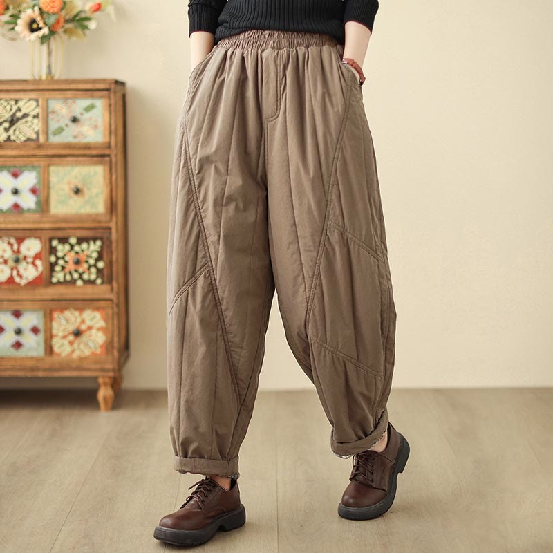 Winter Plain High Waist Cotton Women's Harem Thermal Elastic Waist Pants With Pockets