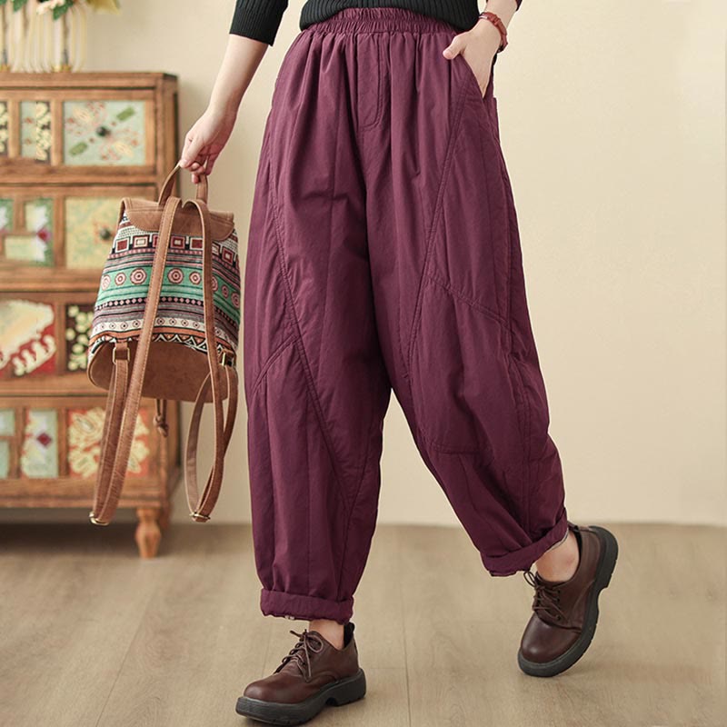 Winter Plain High Waist Cotton Women's Harem Thermal Elastic Waist Pants With Pockets